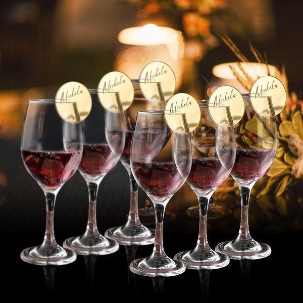 Altre etichette Etichettatura Forniture Targhette personalizzate per calici di champagne Segnaposti in vetro Targhette per bevande Targhette di accompagnamento in vetro Biglietto di accompagnamento per matrimoni 230619