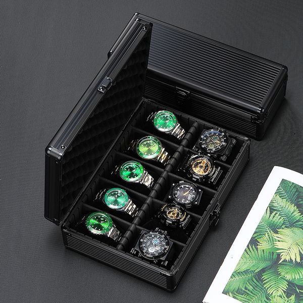 Scatole per orologi Custodie 510 griglie Scatola portaoggetti per orologi in lega di alluminio nera Custodia per valigia Display Scatola per organizer per paratia mobile per uomo Cuscino per orologio morbido 230619