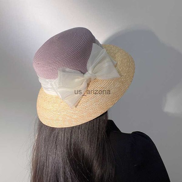 202302-FUYI Dropshipp Summer Japan Paper Patchwork Sweet Organza Bowknot Grace Holida de férias Lady Sun Cap Women Leisure Hat L230620