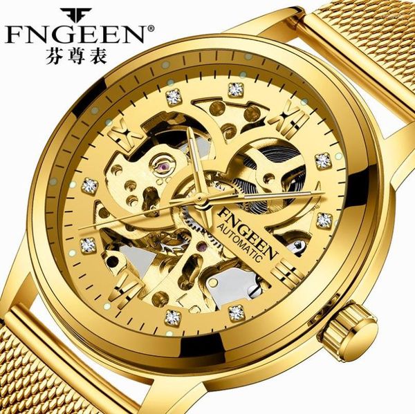 Нарученные часы Fngeen Gold Automatic Watch Мужчины из нержавеющей стали скелеты механические часы Top Luminous Hour для Reloj