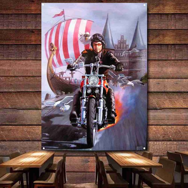 Canlı veya sürüş bayrağı Banza Banner Motosiklet Motor Rider Dekor Poster Duvar Sanat Duvar Vural Vintage Sign Motor Araba Boyama Garaj L230620