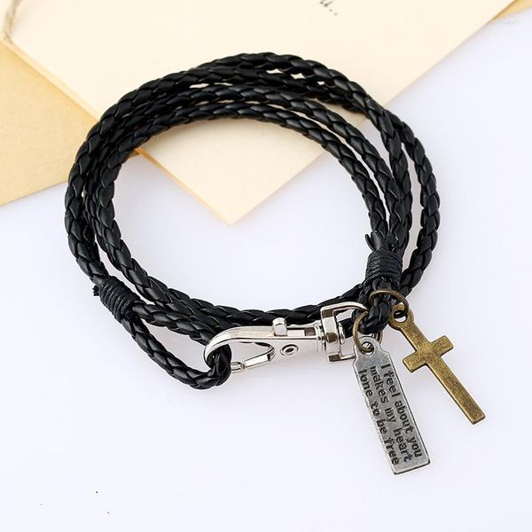 Charm Armbänder Damen Herren Kunstleder Mehrschichtiges Armband Handgefertigter Armreif Brief Tag Kreuz Anhänger Punk Hip Hop Modeschmuck