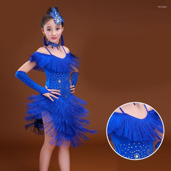 Abbigliamento da palcoscenico Costumi di danza latina per bambini Paillettes Nappe Gonna Spettacolo Ragazze Mostrano abbigliamento da competizione