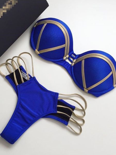 Conjunto de biquíni feminino com estampa de ouro sexy acolchoado maiô push up bandeau verão beachwear maiô brasil 230620