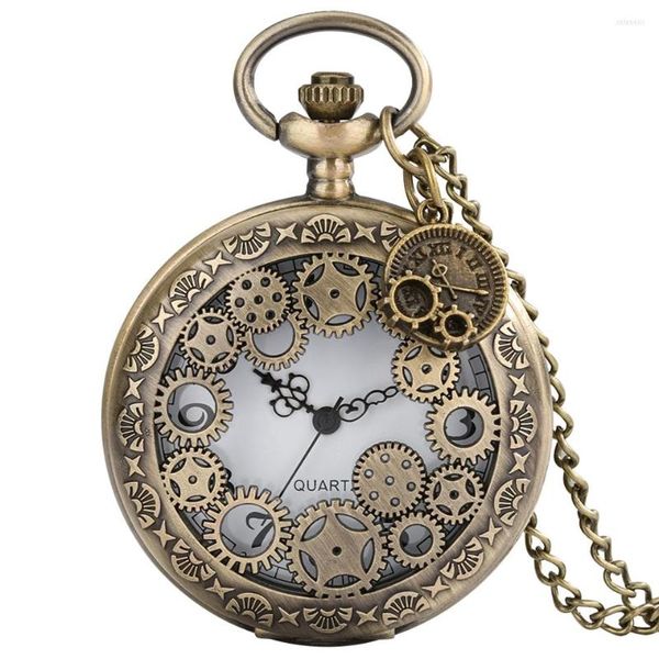 Orologi da taschino Bronzo antico Orologio al quarzo con design a ingranaggi cavi Geometria Stelle Collana Orologio con pendente a catena maglione con accessorio