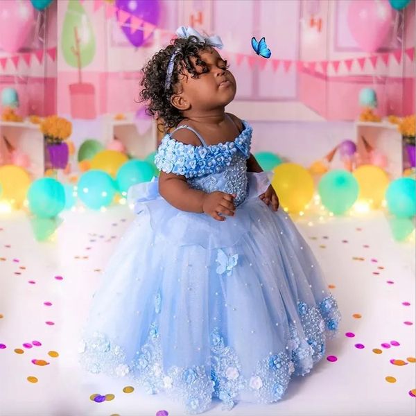 Light Sky Blue Lace Flower Girl Dresses For Wedding 3D Appliqued Ball Gown Toddler Pageant Gowns Tulle Pearls Floor Length Kids Birthday Dress