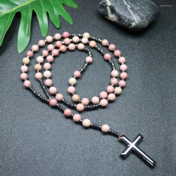 Подвесные ожерелья 1pc Rhodochrosite Natural Stone Cross Cross Bead Collese с железным желчным камнем.