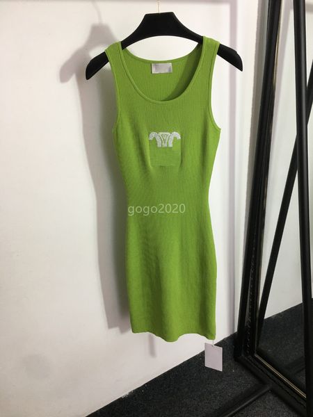 Vestido de malha de verão feminino 2023 com padrão de letras de cristal, tops de corte de passarela, tops de viscose, roupas de alta elasticidade, saia justa colante ao corpo