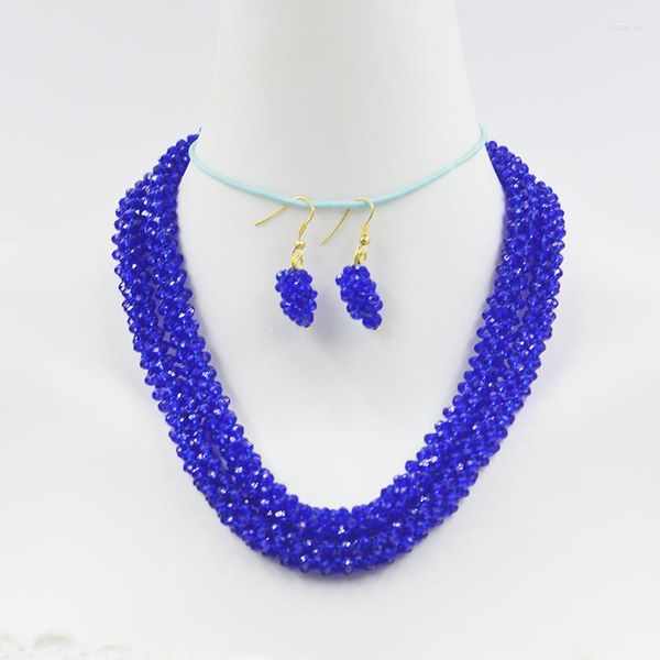 Collana Orecchini Set 2 Row 4MM Set collana/orecchini in cristallo blu reale classico. Gioielli nuziali femminili di lusso 18-21