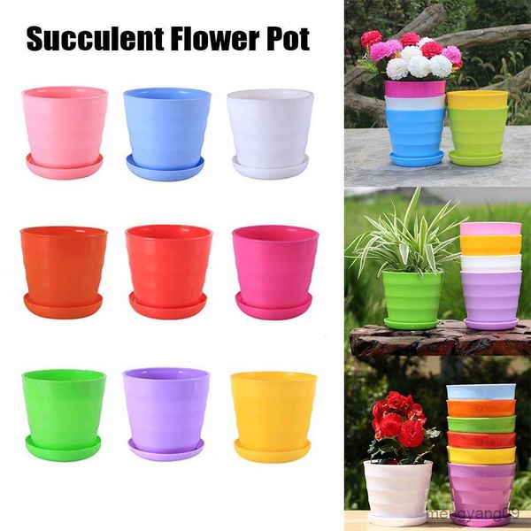 Vasos para plantadores Novo vaso de flores de plástico colorido com bandejas planta verde mini bacia planta suculenta vaso de flores ferramenta de planta decoração de mesa R230620