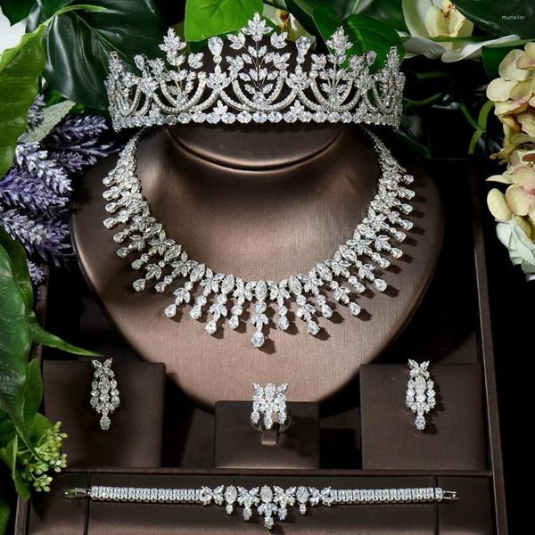 Halskette Ohrringe Set Mode Wassertropfen Kubikzircon Für Frauen Luxus Große Tiaras Krone Saudi Arabisch Dubai Bijoux N-1648