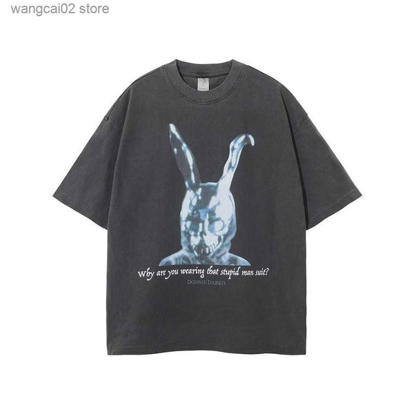 Camisetas masculinas Rock Band Print Gothic T-Shirt Anime Animals Rabbit Impressão 3D Tee Men Ghost Vintage Distress Algodão Lavado Oversize Tops T230621