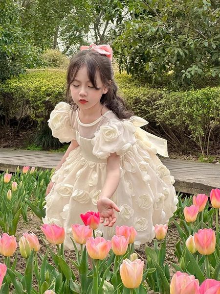 Mädchen Kleider Stereoskopische Rose Floral Puff Sleeve Prinzessin Mädchen Perlen Oansatz Zurück Bogen Kinder 2023 Sommer Kleid Party Geburtstag