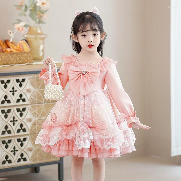 Mädchen Kleider Sommerkleid für Kind Quadratischer Kragen Kurze Aufflackernärmel Rosa Offener Rücken Schmetterlingsstil Mesh Kinderkleidung