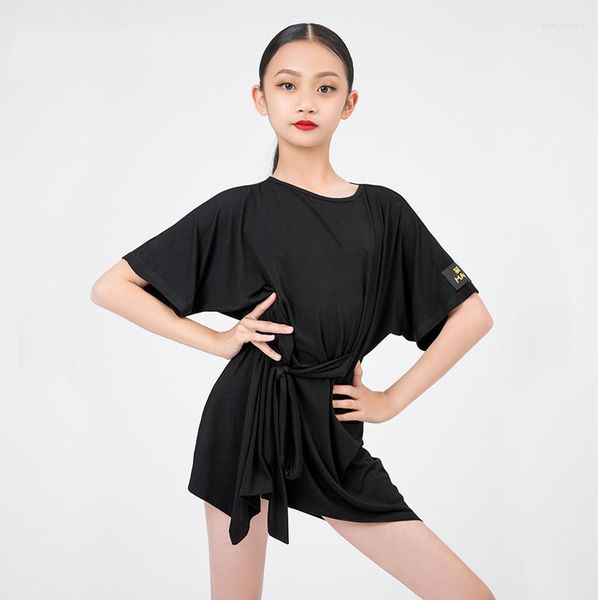 Stage Wear Vestito da ballo latino Ragazze Nero Allentato Pratica maniche a pipistrello Samba Rumba Dancewear Costume estivo per bambini BL5887