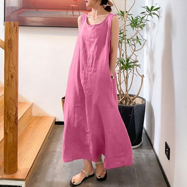 Vestidos casuais de verão feminino vestido longo com bolsos soltos de linho de algodão gola redonda cor sólida e elegante sem mangas 2023