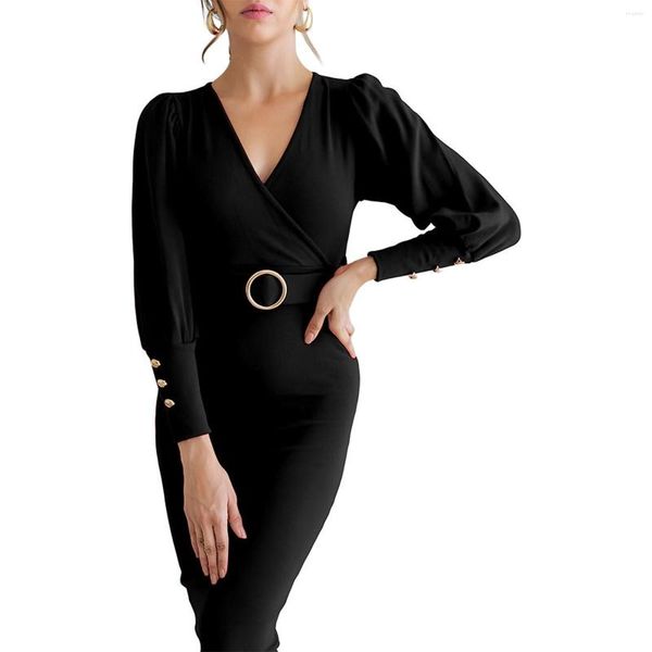 Freizeitkleider Damen Elegant V-Ausschnitt Langarm Kleid Arbeitsbüro Formales Temperament Mode Einfarbig Schlank