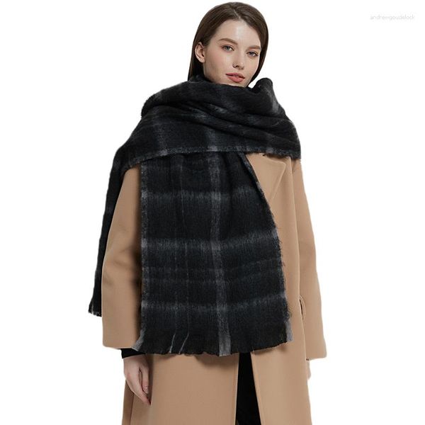 Cachecóis Design Grid Listrado Malha Quente Pescoço Cachecol Cor Preta Moda Feminina Menina Inverno Para Cobertor