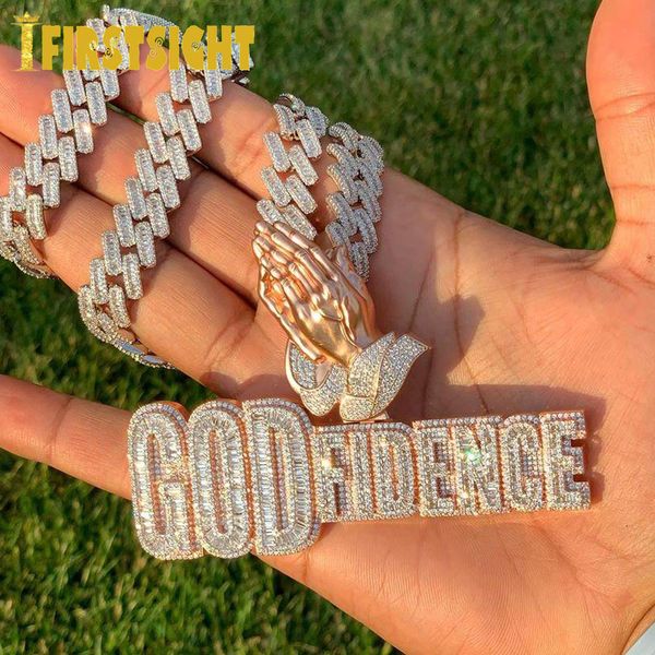 Stränge Saiten Iced Out Hände Anhänger Halsketten Bling Zirkonia CZ Buchstabe God Fidence Charm Für Männer Frauen Hip Hop Schmuck 230620