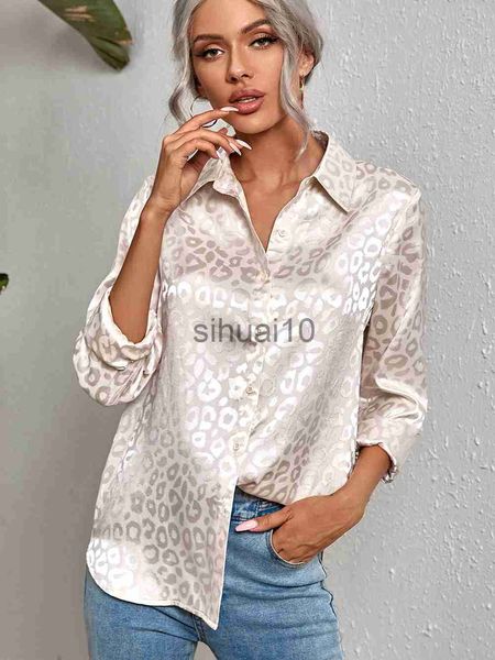 Blusas Femininas Camisas Camisa de Seda de Cetim Estampada Leopardo Blusa Feminina de Manga Longa com Botões Tops Feminino Camisa de Terno Formal Camisa de Estilista de Moda J230621