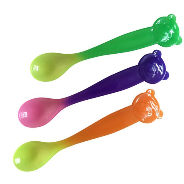 Copos Pratos Utensílios 3 Cores Colher Sensora de Temperatura para Crianças Meninos Meninas Silicone Alimentar Colheres de Bebê conjunto de cuidados 230621