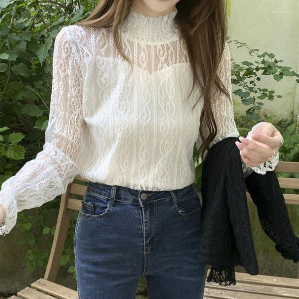 Dames Blouses Wit See Through Blouse 2023 Zomer Dames Mode Kant Patchwork Sheer Lange Mouwen Pullover Shirt Y2k Koreaans Dubbellaags