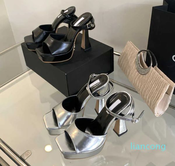 donna Sandali Designer Women Sexy Silver Platform Chunky High Heels Catwalk Summer Shoes