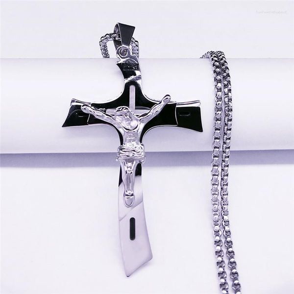 Anhänger Halsketten Kruzifix Jesus Kreuz Edelstahl Mehrschichtige Große Halskette Für Frauen/Männer Silber Farbe Schmuck Collier Homme