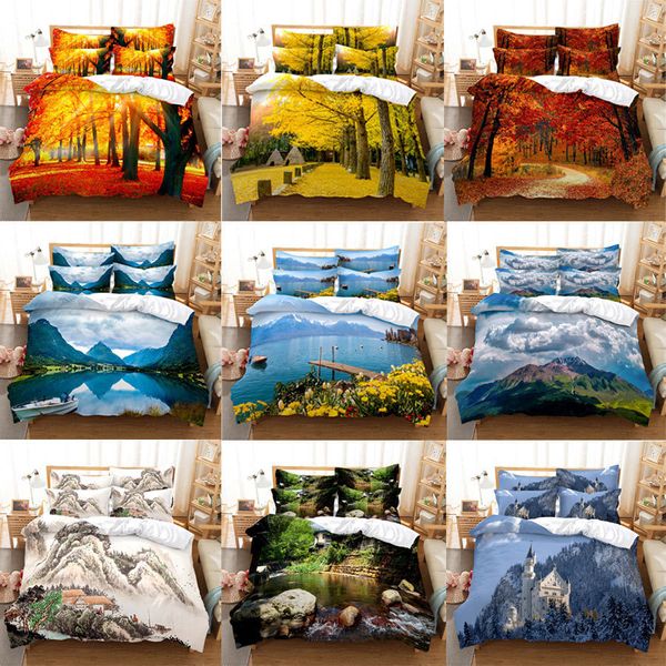 Conjuntos de Lençóis 3D HD Scenic Capa de Edredon Fronha Conjunto de Cama Linho Madeiras Cena Floresta Rei Queen Twin Simples Duplo 3PCS 2PCS Home Textile 230620