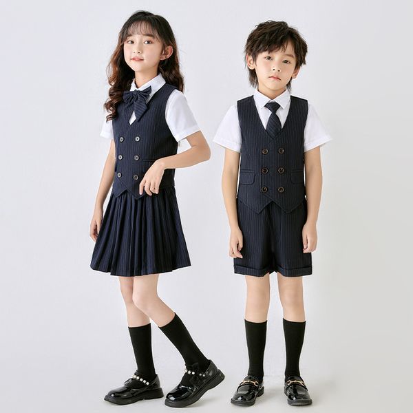 Ternos Crianças Uniforme Escolar de Verão Conjunto de Ternos Meninos Meninas Desempenho Coro Apresentador Pografia Traje de Festa Criança Colete Calças Gravata Roupas 230620