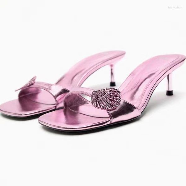 Sandálias Verão Rosa Gatinho Salto Para Mulheres Moda Brilhante Bico Quadrado Salto Casual Conforto Salto Feminino Slingbacks