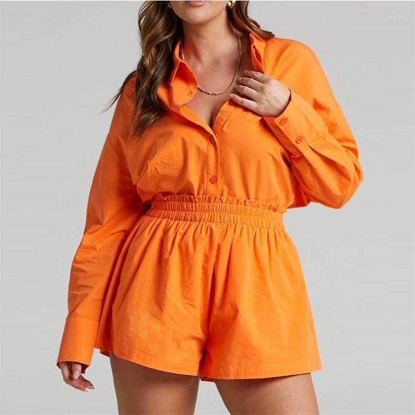 Damenblusen 2023 Freizeithemd Sommermode 2-teilige Anzüge Outfits für Frauen Langarm und weite Beinshorts Set Knöpfe 25929