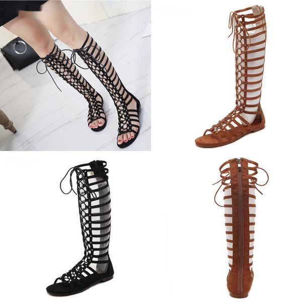 Sommer Sandalen Hohe Qualität Weiches Leder Frauen Riemchen Offene spitze Knie Gladiator Flache Römische Bandage Casual Stiefel 230511