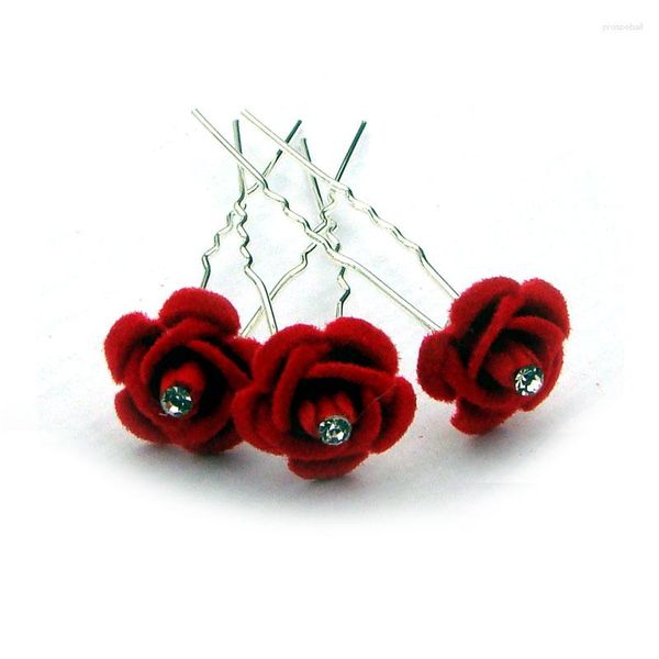 Fermagli per capelli Crystal Red Fabric Rose Charm Headwear Stick Fashion Fork Ornament Accessori per gioielli 12 pezzi Lotto