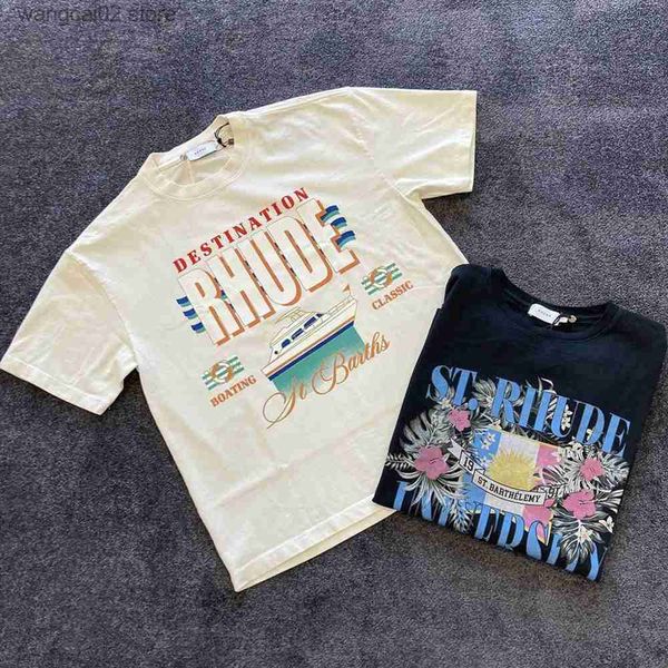 Camisetas Masculinas Frog Drift Vintage Tendência Streetwear Casual Flores Soltas Yacht Roupas Impressas 100 Algodão Manga Curta Tee Tops T-Shirt Para Homens T230621