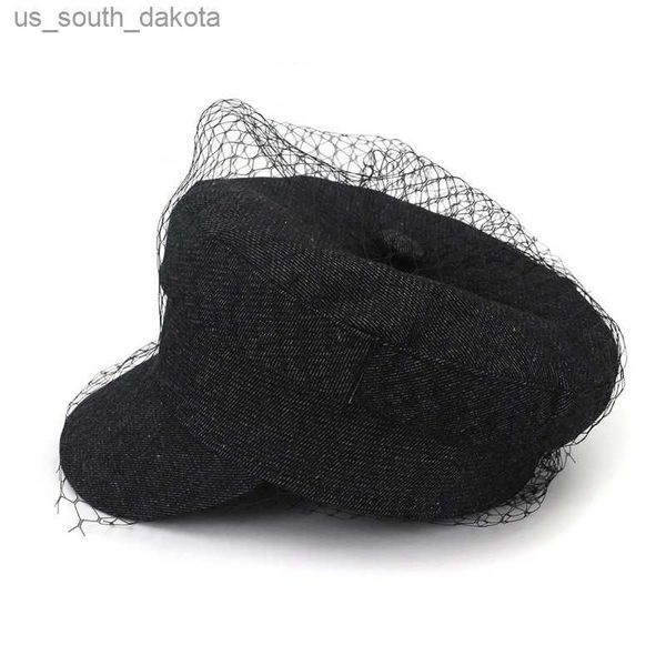 Luxo feminino meninas boinas denim senhoras boné plano com malha renda moda rua casquette preto azul jornaleiro chapéu para mulheres l230523