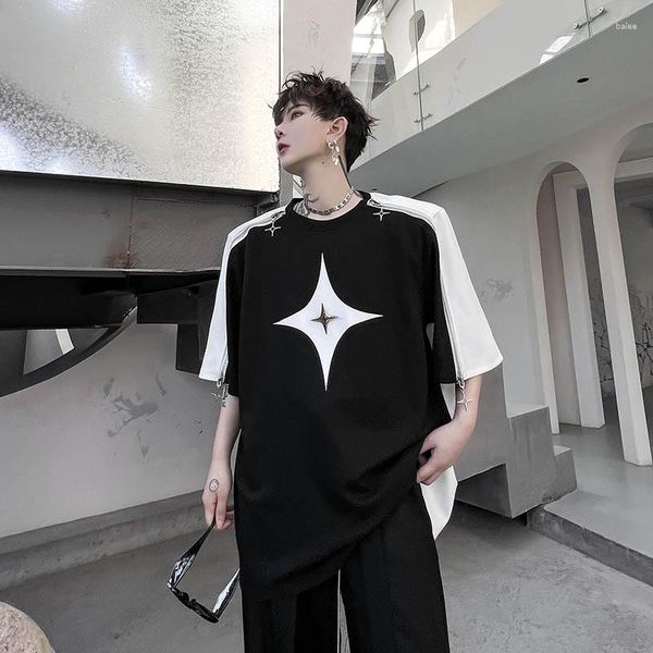 T-shirt da uomo 2023 Nero Bianco Contrasto Colore Design Spalla Cerniere Camicia Hip Hop Uomo Coreano Moda manica corta Tshirt Streetwear