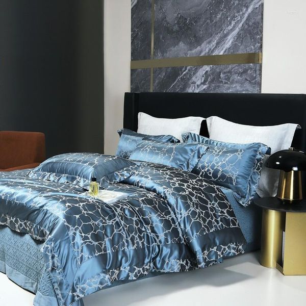 Conjuntos de cama de luxo 4 peças cetim/cetim sedoso conjunto de capa de edredom marmorizado jacquard tira/azul inclui colcha acolchoada 2 fronhas