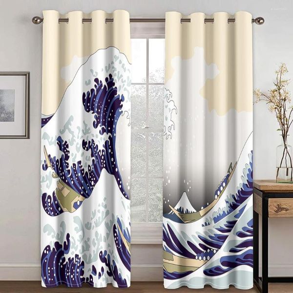 Cortina impressão 3D padrão de paisagem japonesa ondas 2 peças cortinas finas janela para sala de estar quarto decoração