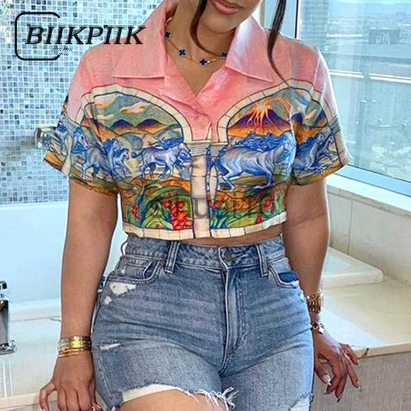 Blusas Femininas Camisas BIIKPIIK Férias Praia Estampado Crop Top Botão Moda Feminina Camisetas Femininas Gola para Baixo Casual Roupas de Verão Básicas Exclusivas Hot Top J230621