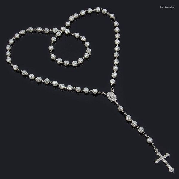 Colares com Pingente 8mm Rosário Rosa Branca Contas de Plástico Corrente Longa Faça Você Mesmo Para Mulheres Jesus Cristo Cruz Pendente Colar Moda Jóias