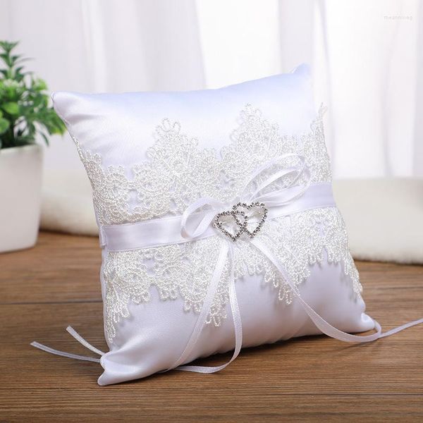 Travesseiro de anel de casamento de flores decorativas para decoração rendas decoração bicêntrica almofada de noiva de cetim com fitas sem anéis