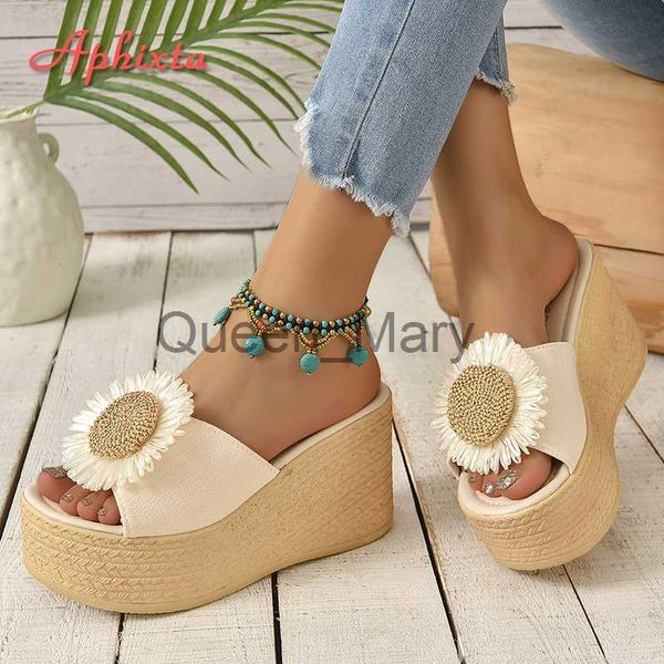 Hausschuhe Aphixta Beige Sommer 9 cm Keilabsatz Hausschuhe Damen Bohemian Sunflower Mulers 4 cm Plateausandalen Clog Schuh Slides Plus Größe 43 J230621