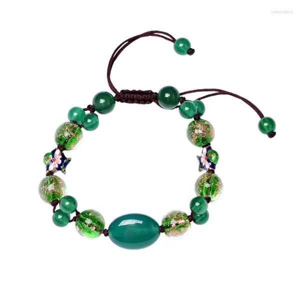 Strand FYJS Unica perline di agata verde e smalto colorato Bracciale elastico intrecciato a mano Gioielli in stile etnico