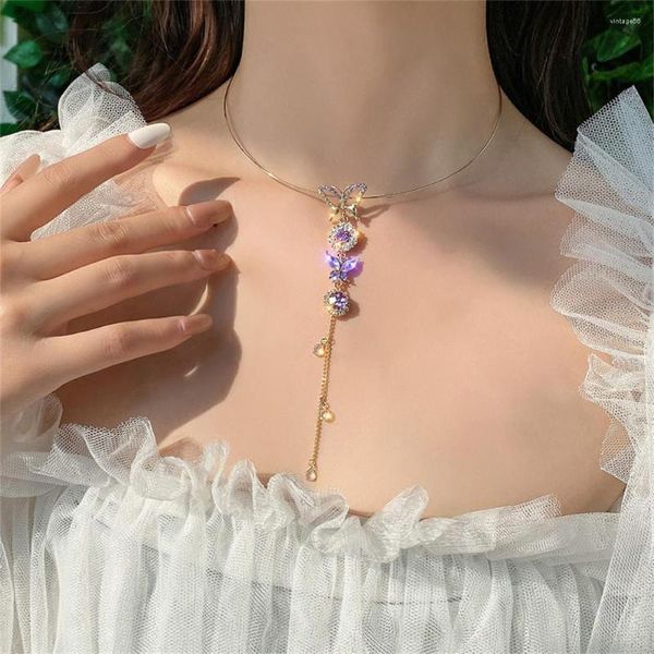 Colares com Pingente Moda Coreana Bling Cristal Roxo Borboleta Colar Gargantilha Para Mulheres Meninas Adolescentes Banhado a Ouro Colar Longo com Borla Jóias