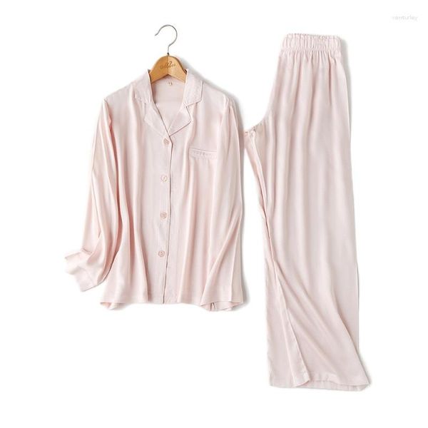 Pigiami da donna Casual Viscosa Tinta unita Vestiti per la casa Con Tasche Manica lunga Set pigiama da donna Abito rosa Pijama Mujer Camicia da notte Per