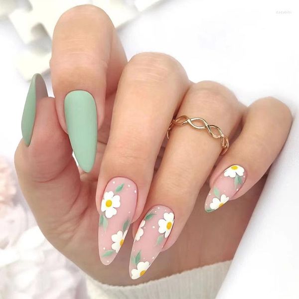 Unhas Postiças 24 Pçs Desenhos de Flores Pontas Destacáveis Conjunto Amêndoa Press On Verão Verde Fosco Unhas Falsas Usáveis