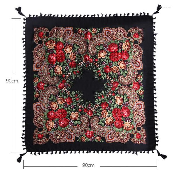 Sciarpe 90 90cm Donna Sciarpa russa Retro Stampa floreale Piazza Bandana Scialle Donna Frange Ucraino Babushka Fazzoletto Avvolge