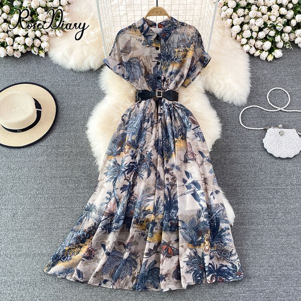 Vestidos casuais básicos RoseDiary Runway Designer Summer Short Sleeve Shirt Women Robe Fashion Print Holiday Midi Dresses Vestdios With Belt 230620