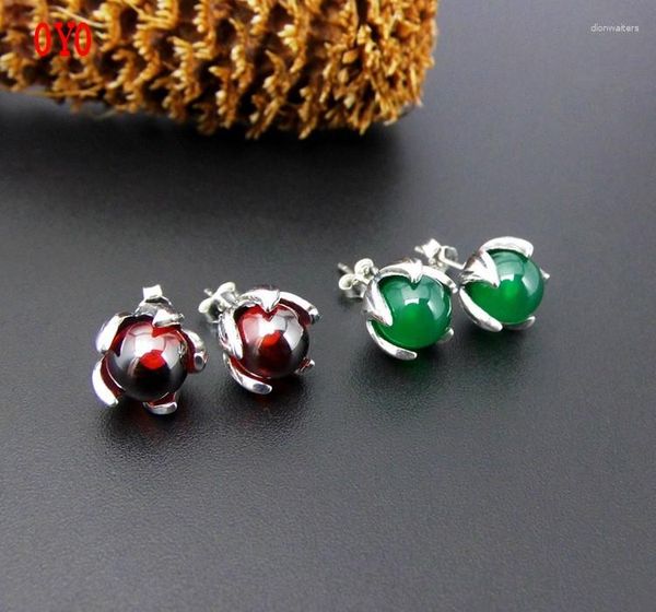 Orecchini a bottone S925 Thai Silver Personality Green Agate Garnet Flower Gem